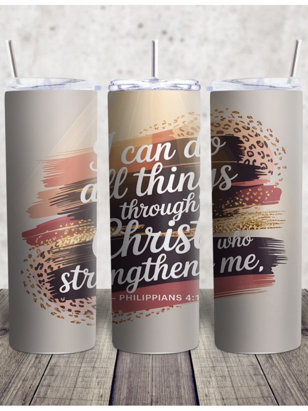 Hand Crafted Beige & Rose Gold Faith Tumbler with Brushstroke Design